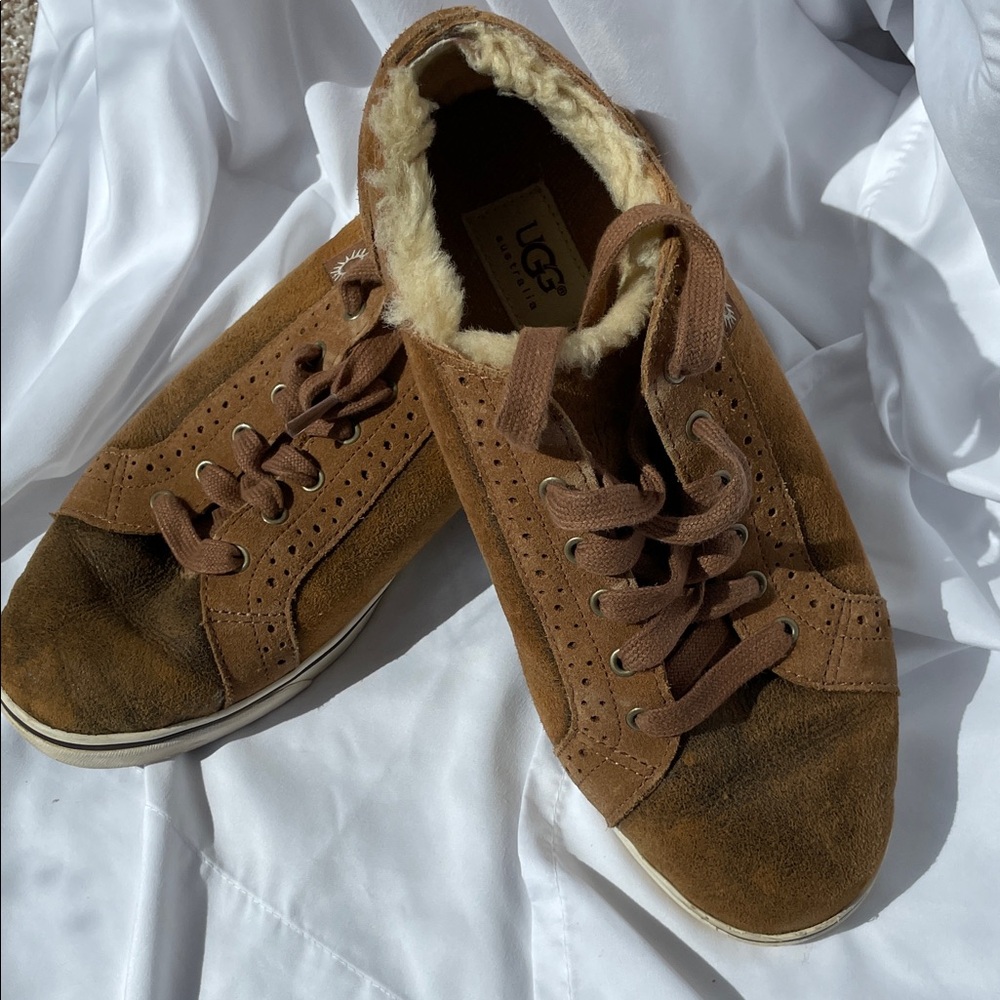 UGG Chestnut Suede Shearling-Lined Lace-Up Sneakers
